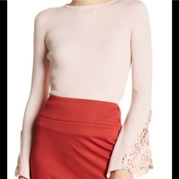Catherine Malandrino Top Stretch Rib Knit Bell Sleeve Crochet Blush Pink L NWT - Picture 3 of 8